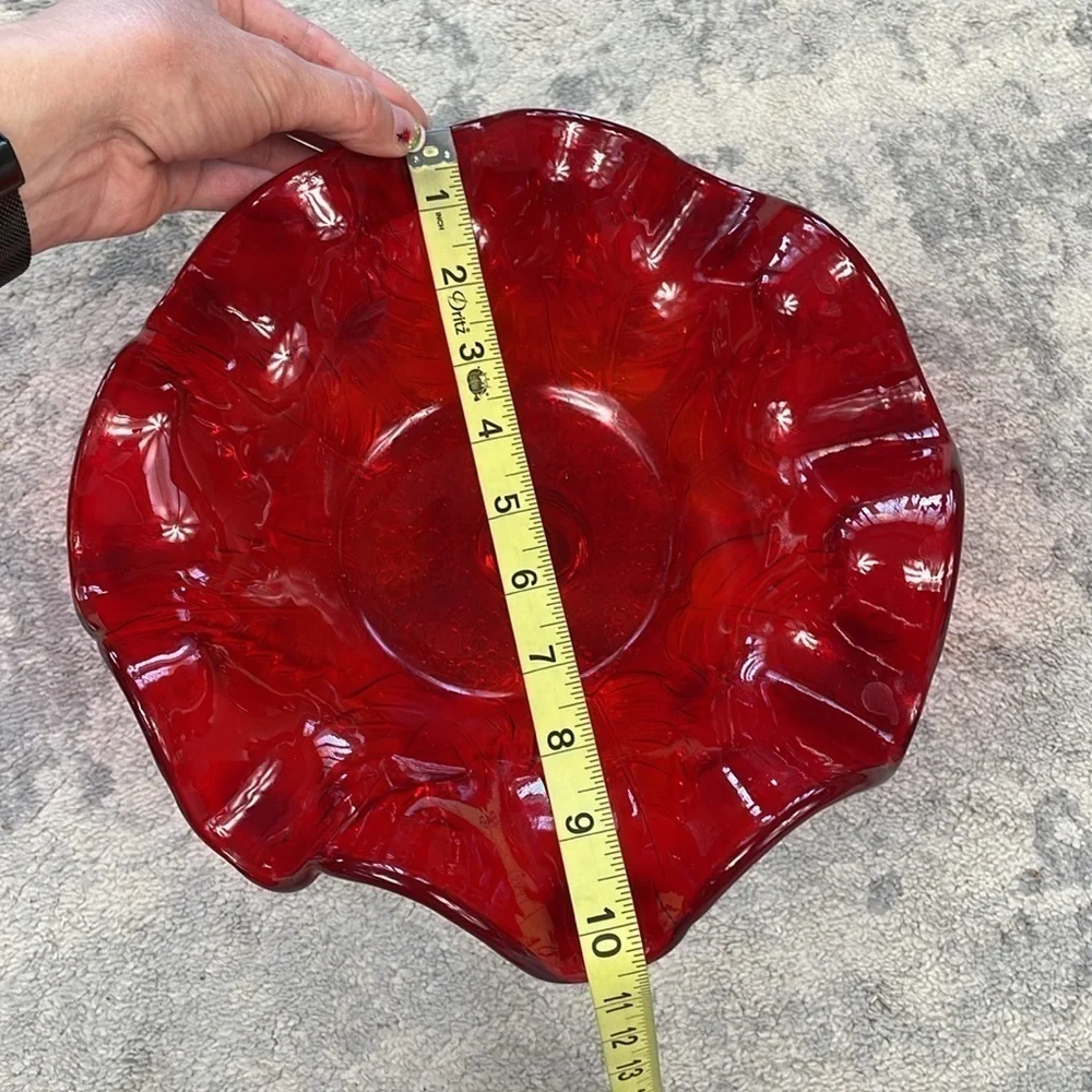 Red Leaf Imprint Ruffled Footed Glass Candy Dish Stand Clear